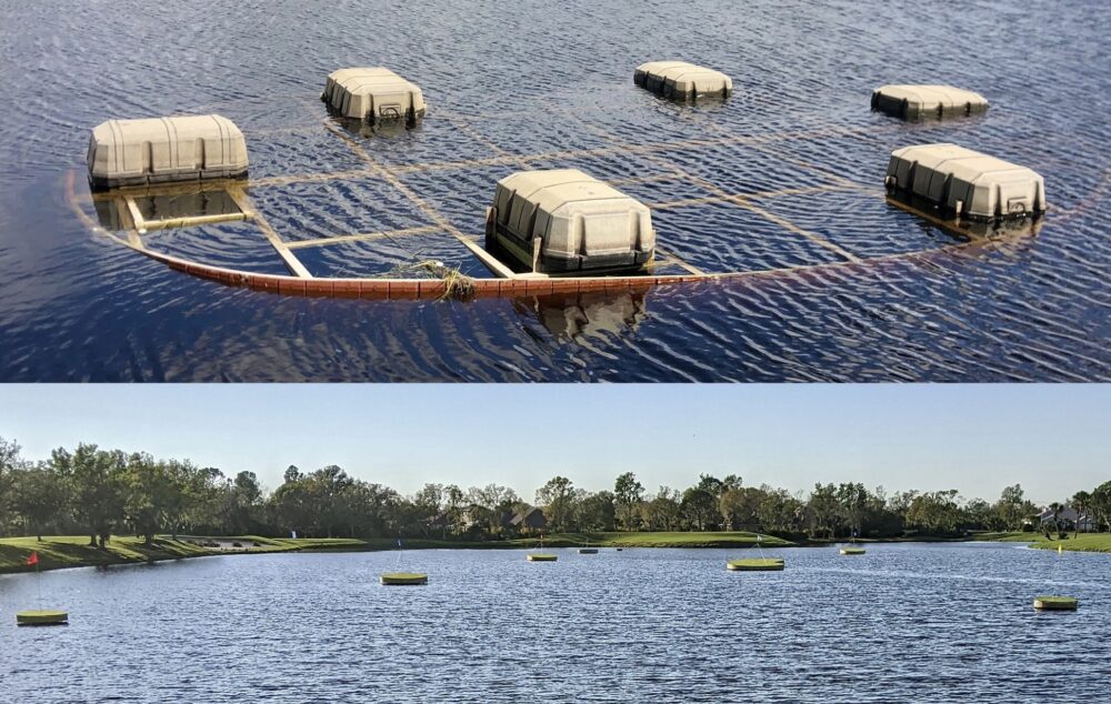 The aqua range at Heritage Oaks Golf & Country Club in Sarasota, Fla., shortly after Hurricane Ian struck last fall (top), and nearly five months later in February 2023 (below)