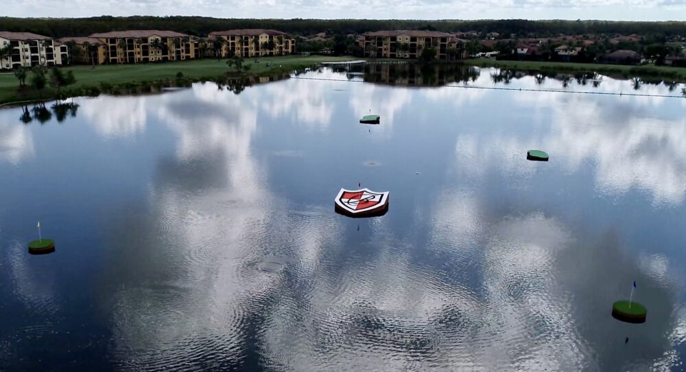 Shield image in middle of pond - high shot