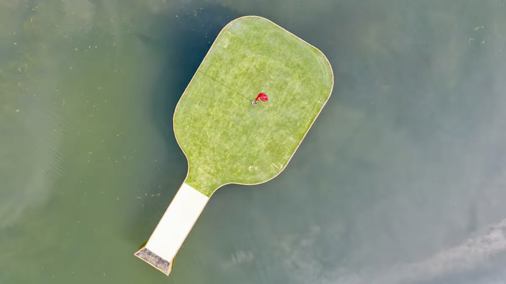 Pickle barn, floating green from aerial view