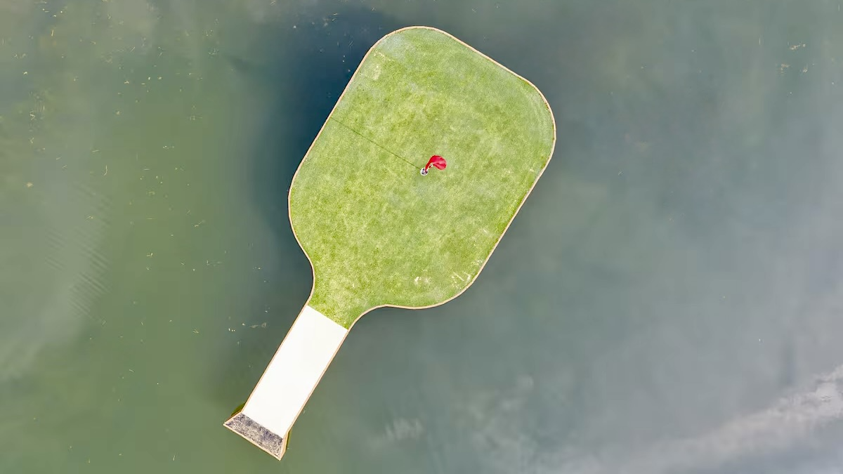 Pickle barn, floating green from aerial view